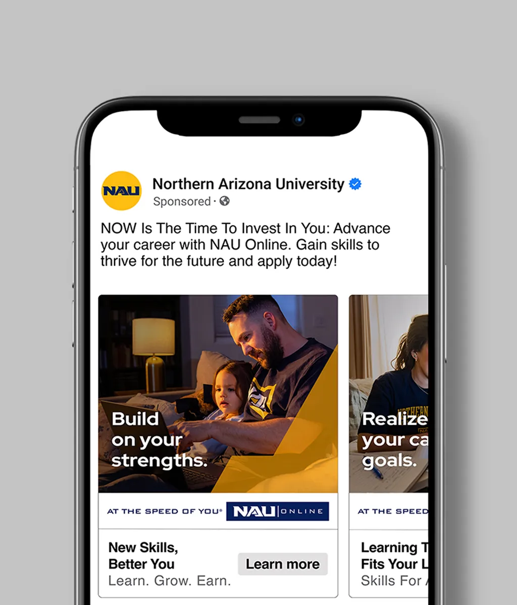 A smartphone displaying a Northern Arizona University Facebook ad carousel promoting NAU Online degree programs.