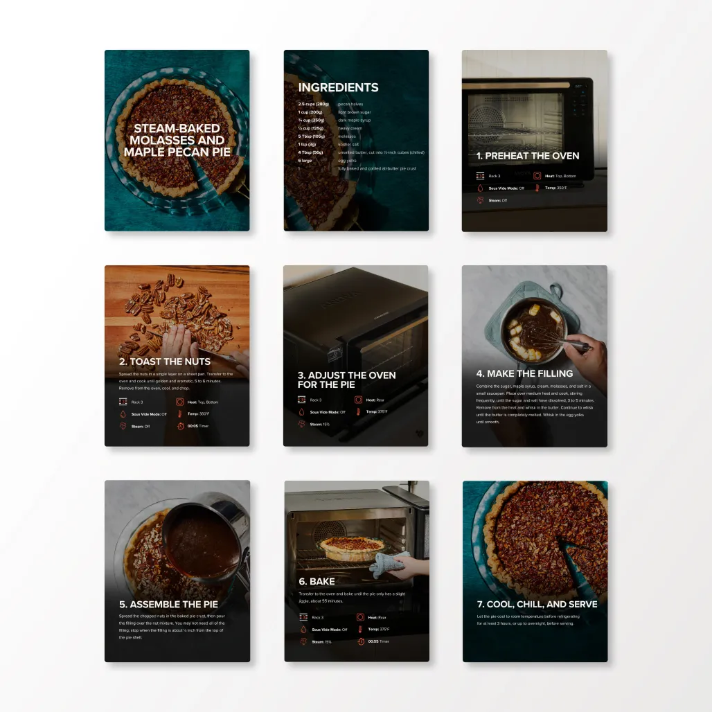 Overhead view of nine social post panels detailing a recipe for steam-baked molasses and maple pecan pie, including ingredients, and step-by-step instructions.