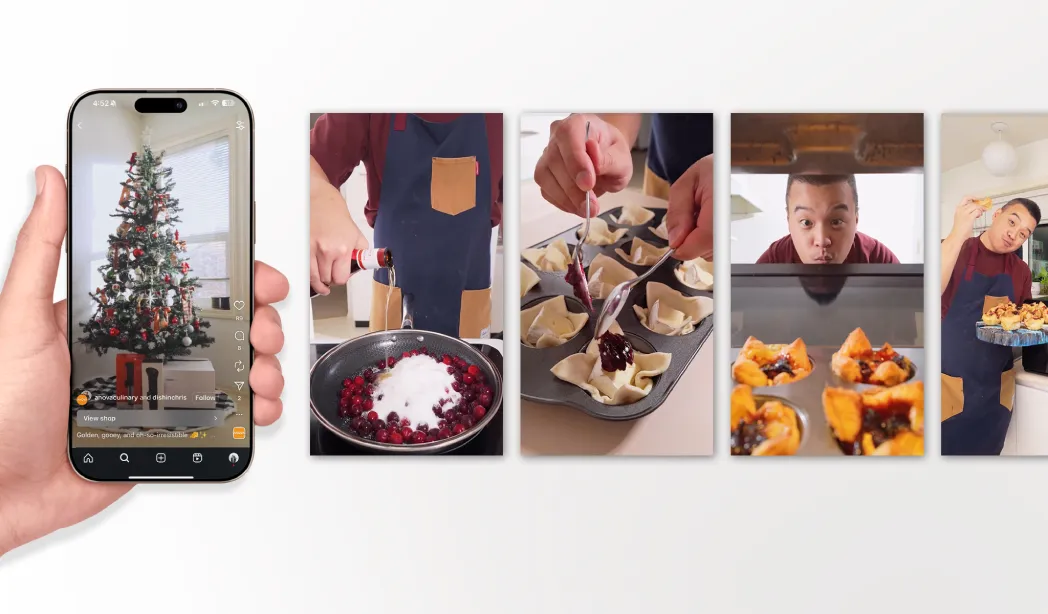 A hand holds a phone displaying a Christmas tree. Nearby, images show a person in an apron cooking: adding cranberries, spooning filling, checking the oven, and holding finished pastries with a joyful expression. The mood is festive and cheerful.