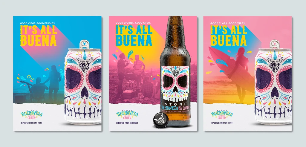 Three Stone Buenaveza "It's All Buena" campaign posters side by side featuring colorful summer scenes with cans and bottles.