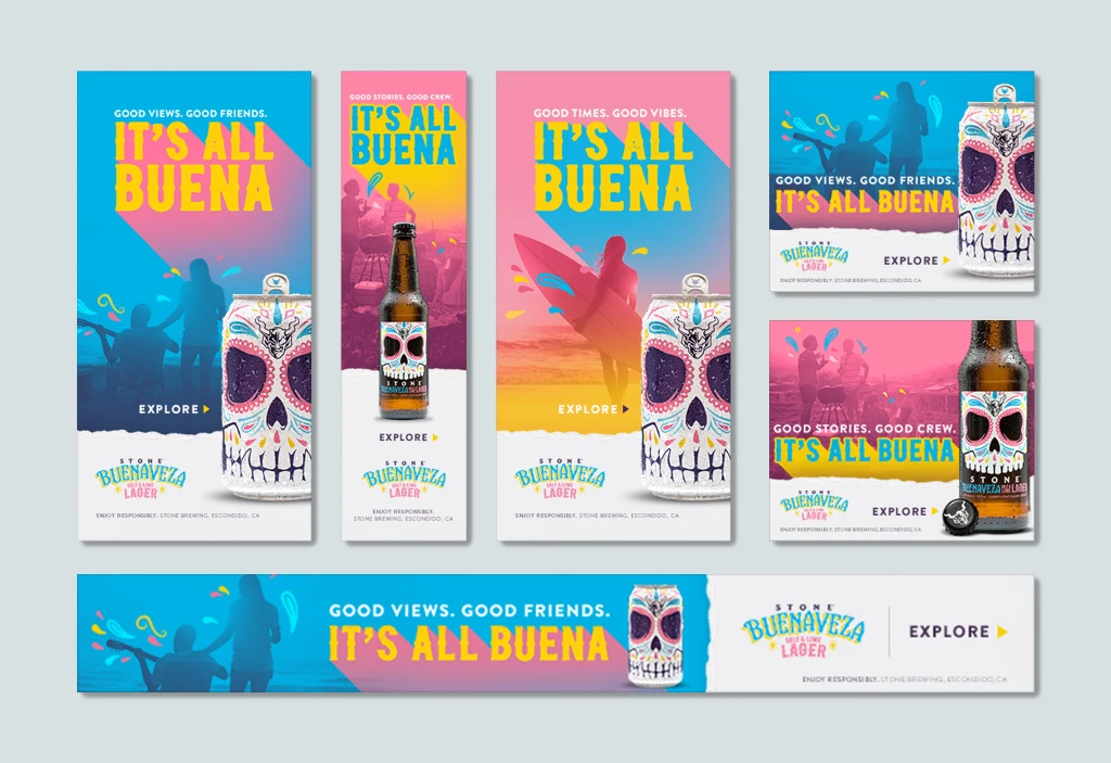 A set of Stone Buenaveza display ads in multiple sizes featuring the "It's All Buena" campaign across banner and vertical formats.