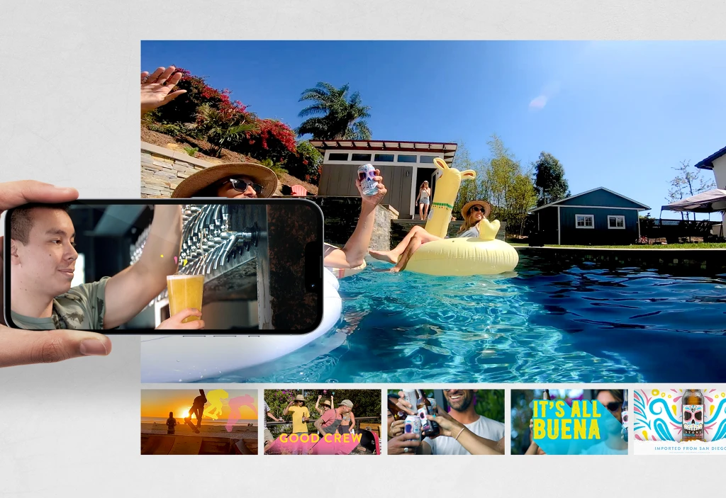 A phone and wide-screen video composite showing friends celebrating poolside with Stone Buenaveza, alongside a strip of social content frames.