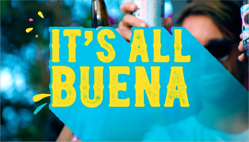A video thumbnail with bold yellow "It's All Buena" text on a teal overlay, with a person holding Stone Buenaveza cans in the background.