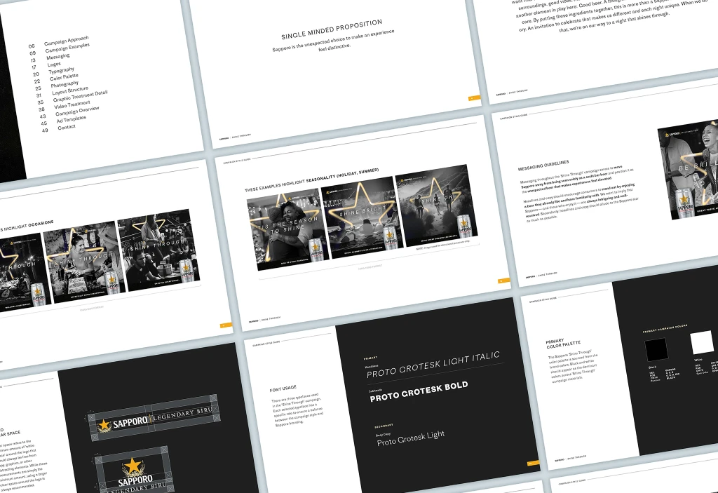 Magazine-style layout showing Sapporo design concepts with typography, color palettes, and branding elements. Includes black, white, and gray tones.