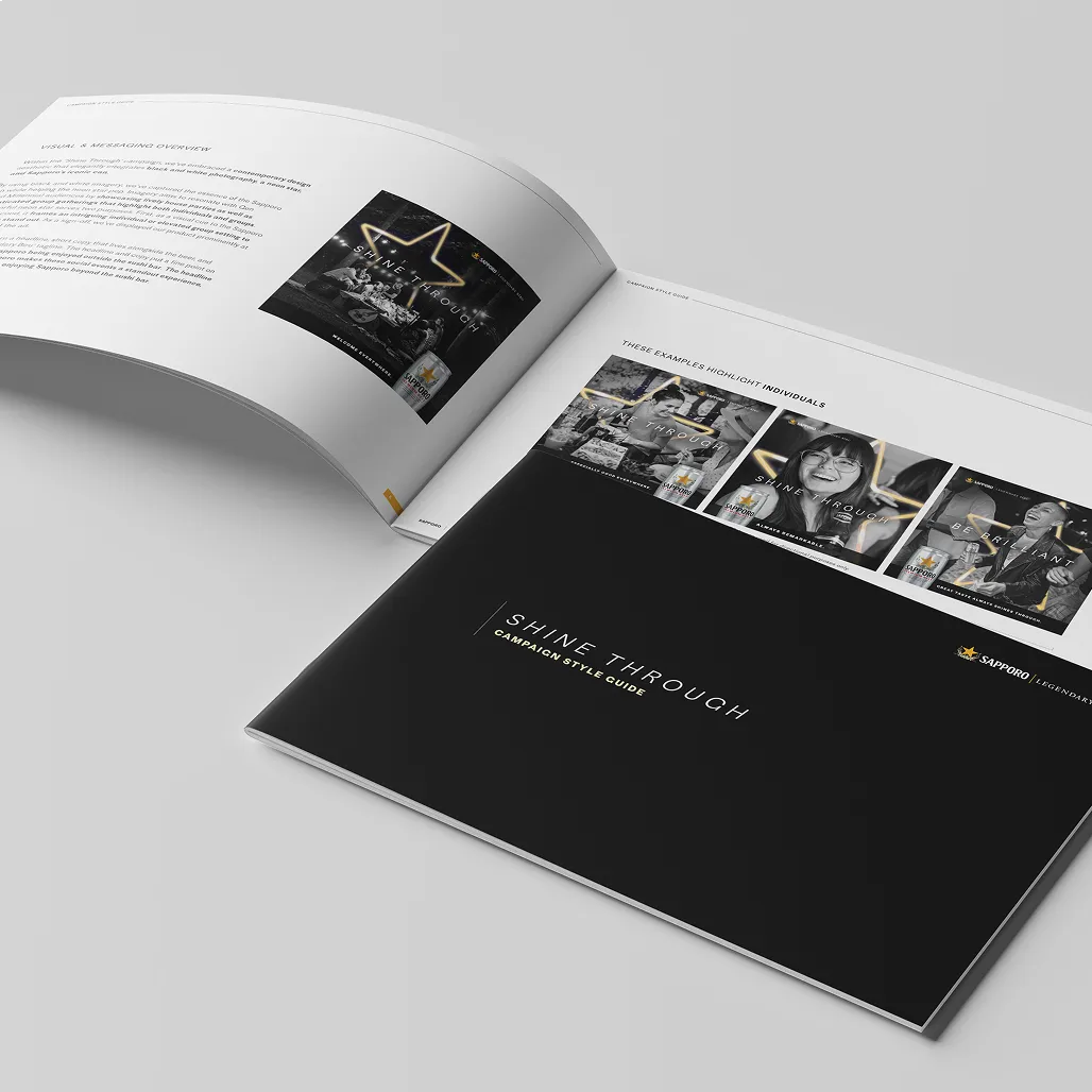 Open booklet displaying a branding campaign style guide titled "Shine Through." Features black and white imagery with bold graphics and text.