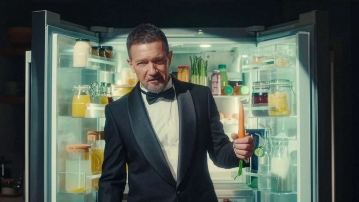 Antonio Banderas in a tuxedo holds a carrot in front of an open fridge filled with jars and bottles, suggesting a humorous or quirky scene