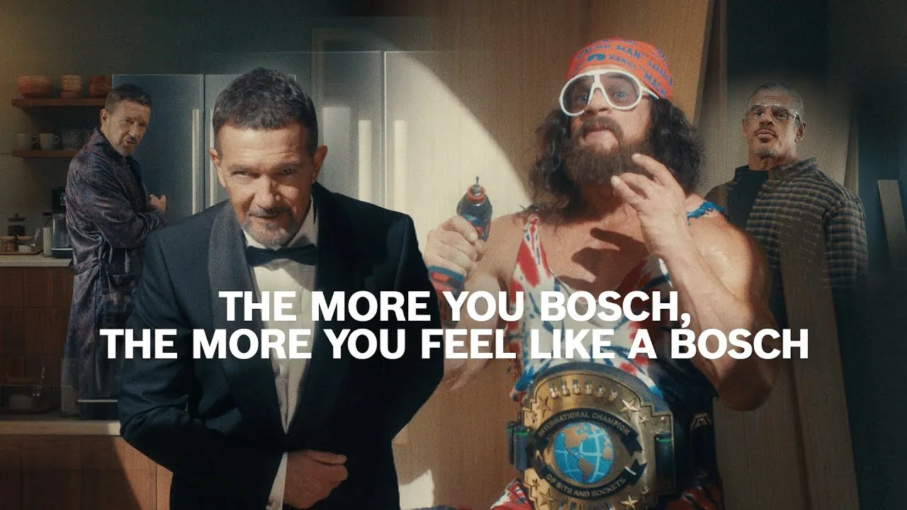 Three men in various outfits, including a tuxedo and wrestling gear, with text: "The more you Bosch, the more you feel like a Bosch."