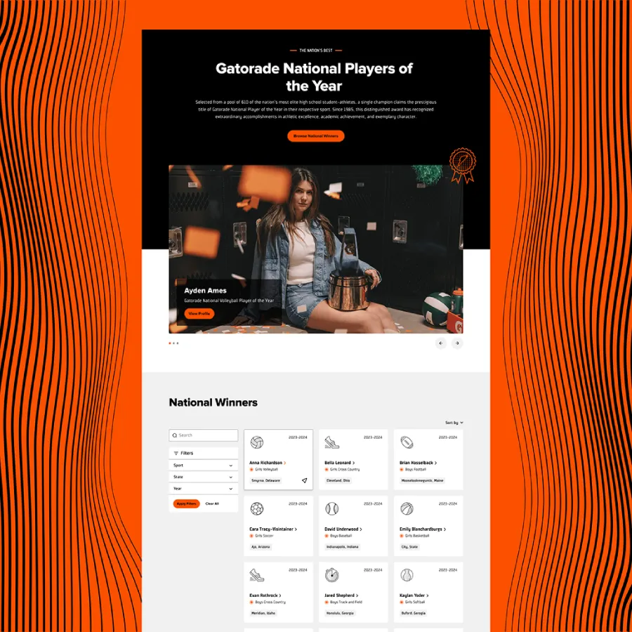 Website layout showcasing "Gatorade National Players of the Year" with an image of a female athlete holding a trophy. Includes a list of national winners below. Orange and black theme conveys energy and achievement.