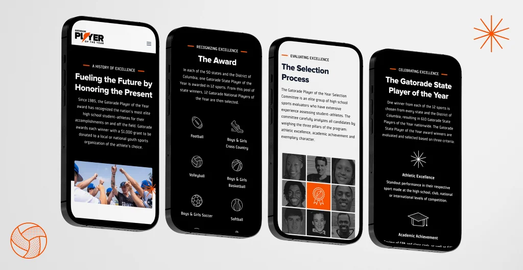 Four smartphones display sections of the Gatorade Player of the Year website against a light background, showcasing award information and athlete images.