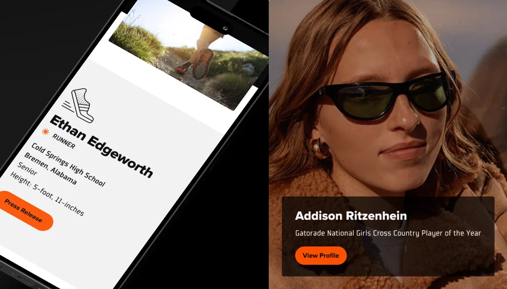 Split screen image: Left shows a smartphone page for Ethan Edgeworth, a high school runner from Alabama. Right features a woman in sunglasses, labeled Addison Ritzenhein, Gatorade National Girls Cross Country Player of the Year.