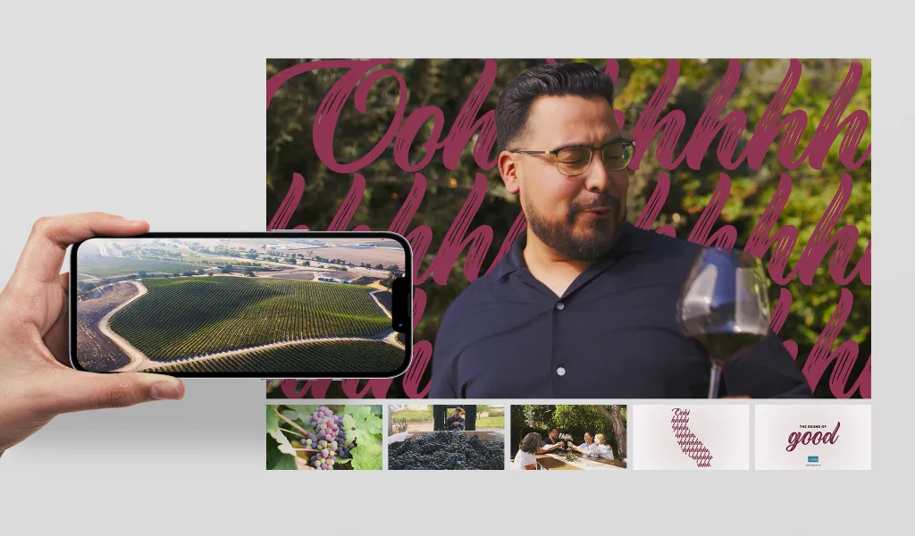 Man savoring red wine, eyes closed in appreciation, with vineyard seen on phone. Background has repeated "Oohhhh." Below are small vineyard images.