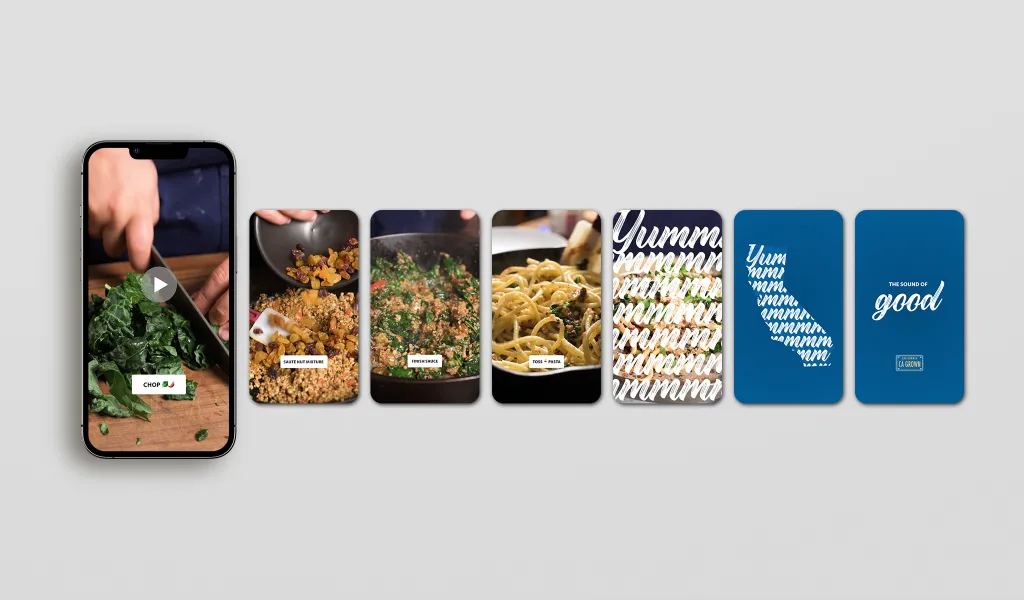 A sequence of smartphone screens shows a cooking process: chopping greens, sautéing vegetables, mixing pasta, and text saying "Yumm" and "This looks so good."