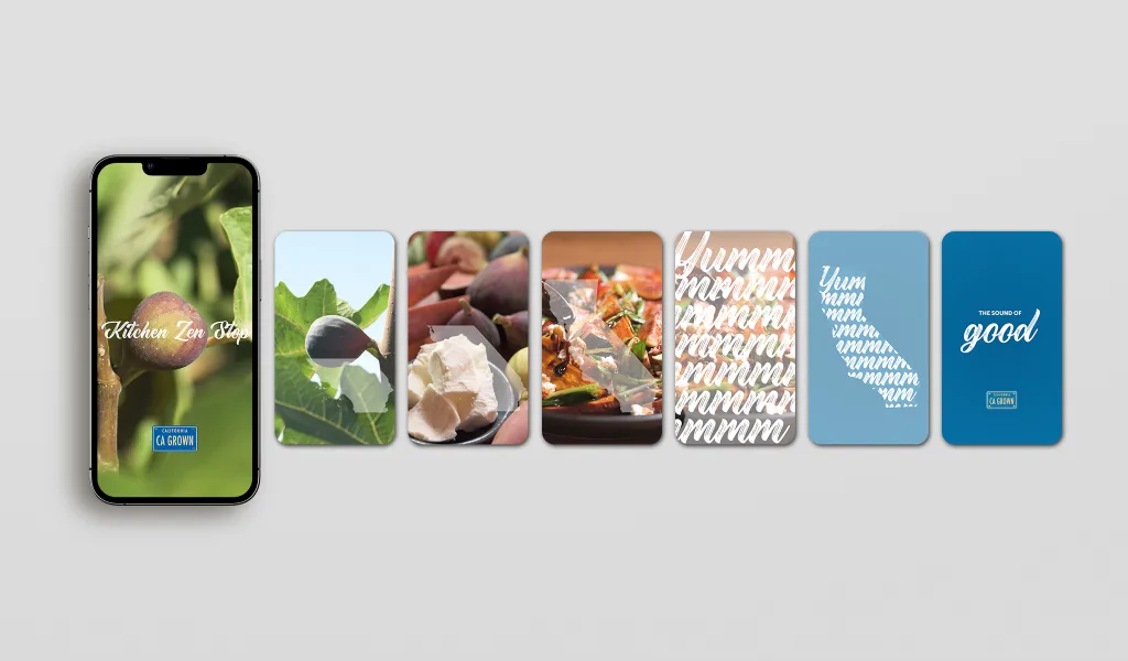 A smartphone displays "Kitchen Zen Steps" with a fig image. Six cards show figs, cheese, a salad, and phrases like "Yum" and "The Summer of Good."