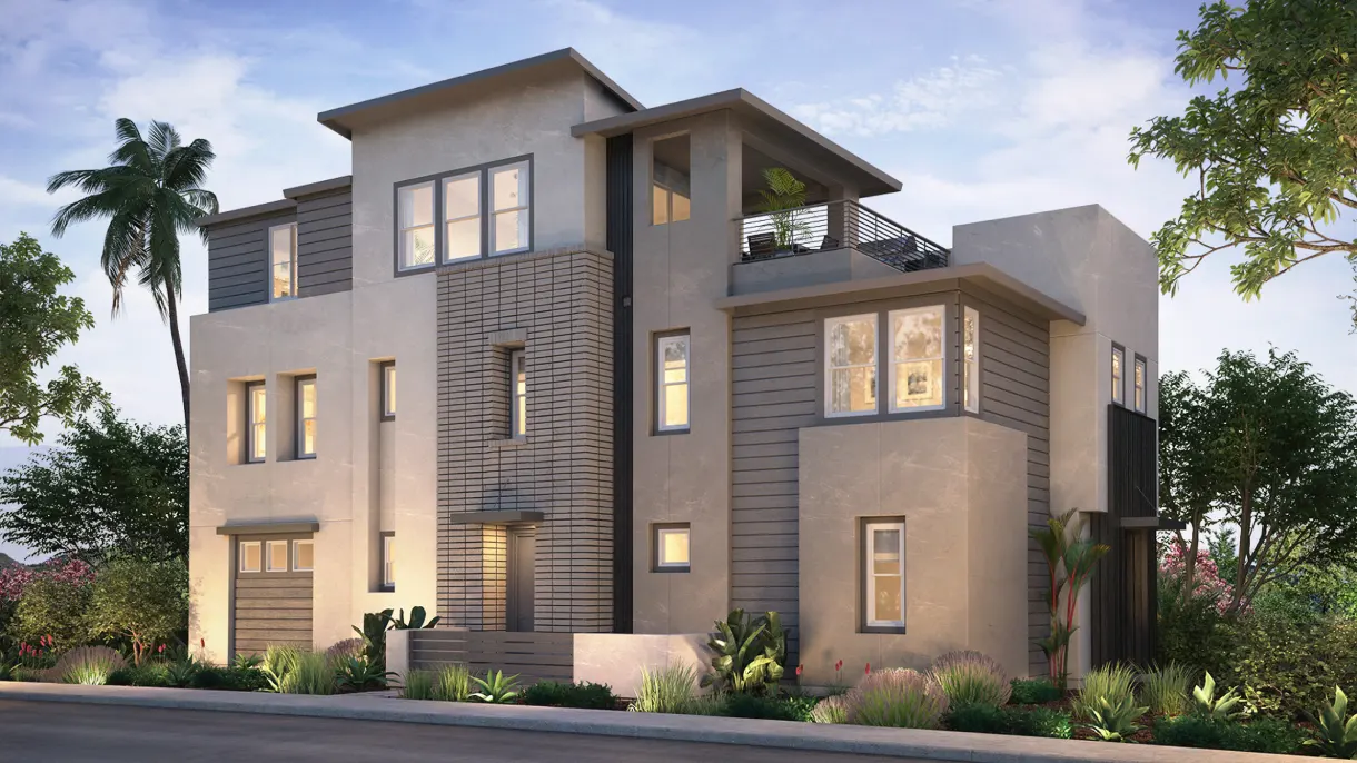 Exterior rendering of a modern three-story home with stucco and wood siding, warm interior lighting, and desert landscaping at dusk.
