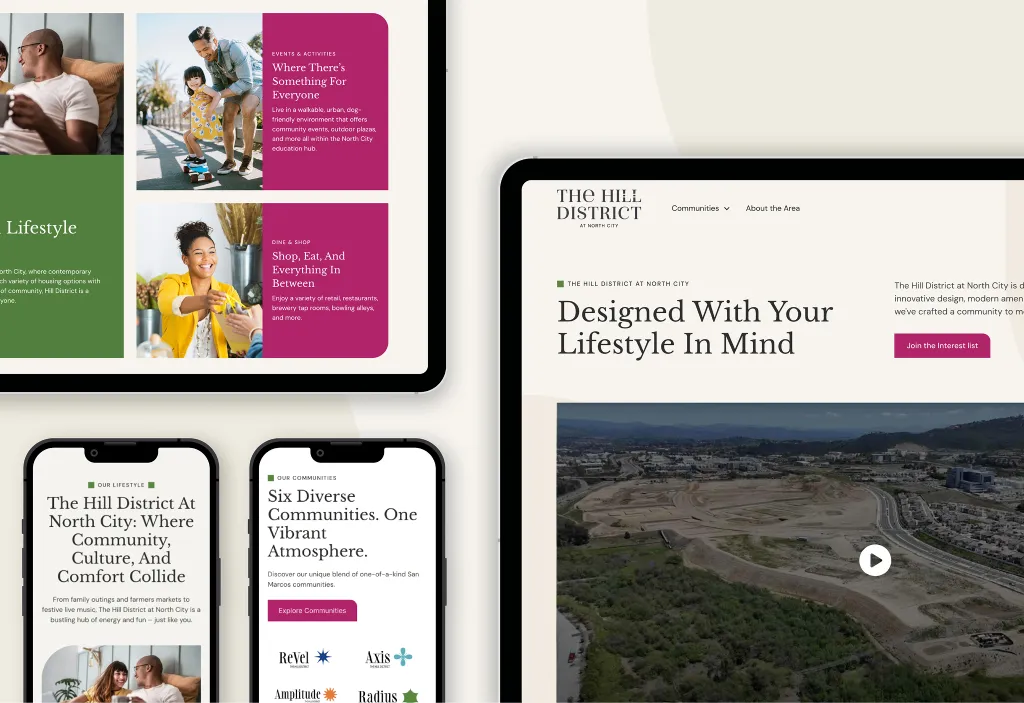 Tablets and smartphones displaying The Hill District at North City website, showing lifestyle content, community pages, and a "Designed With Your Lifestyle In Mind" homepage.