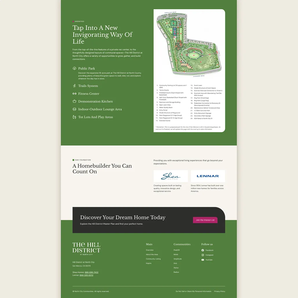 Full-page scroll view of The Hill District website showing the amenities park map, Shea Homes and Lennar builder logos, and site footer.