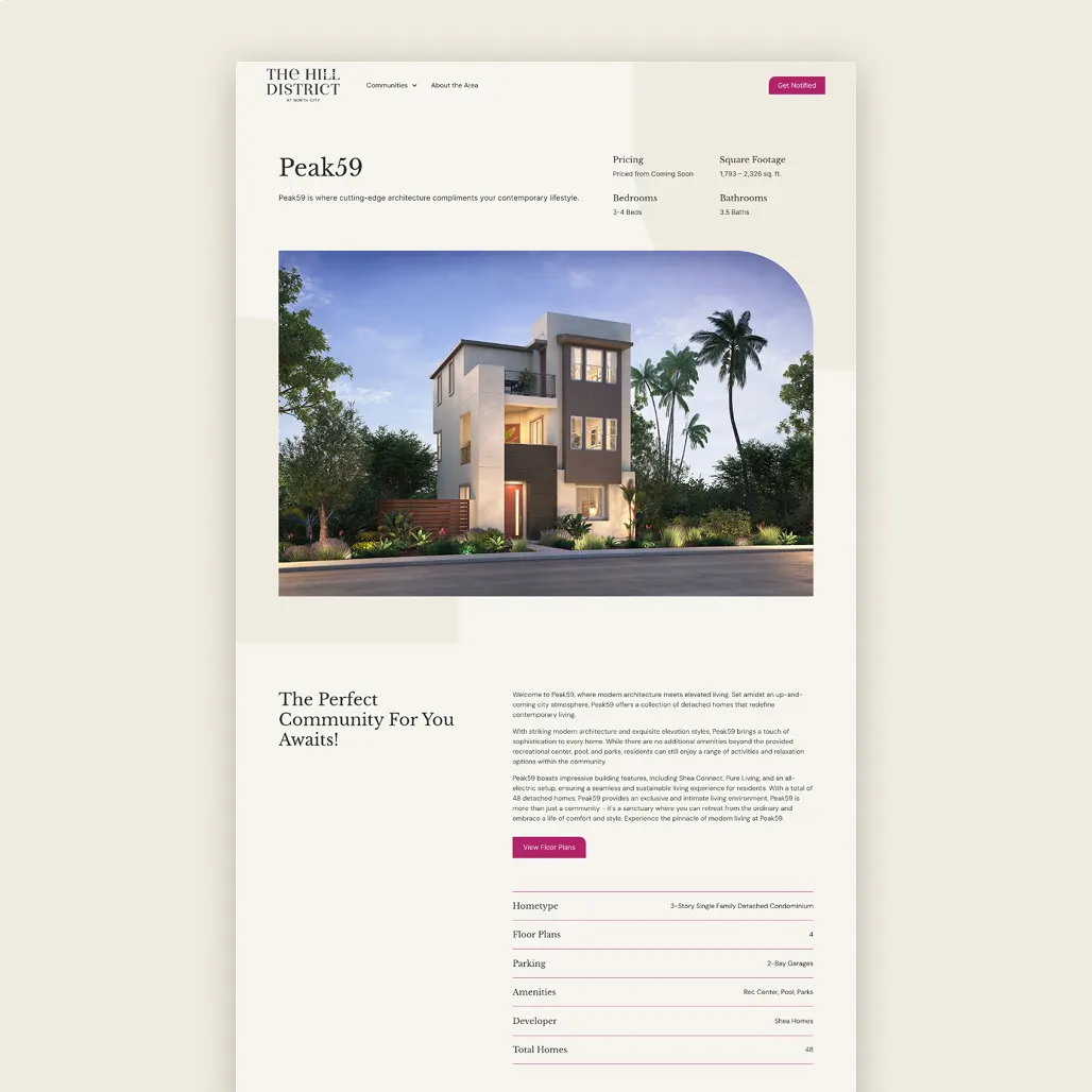 The Hill District Peak59 community detail page showing a modern home rendering, pricing, square footage, and floor plan specs.