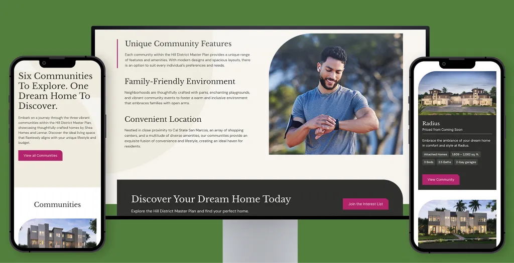 A desktop and two smartphones displaying The Hill District's About the Area page with community features, amenities, and a Radius listing card.