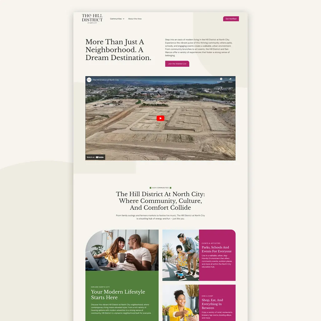 Full-page scroll of The Hill District homepage showing a YouTube aerial video embed and lifestyle content sections for parks, dining, and events.