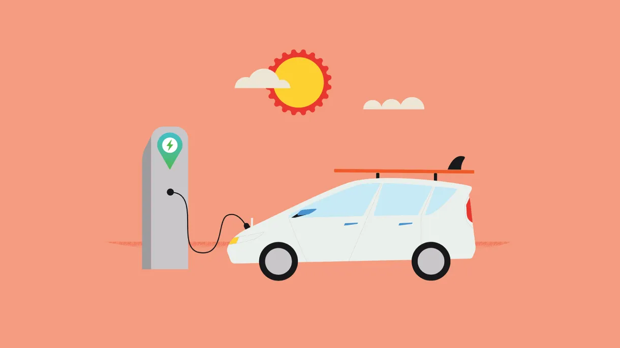 Flat illustration of an EV with a surfboard on the roof plugged into a charging station under a cartoon sun on a coral background.
