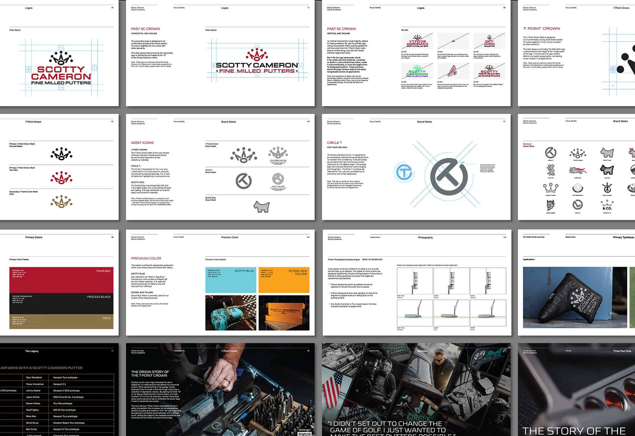 Grid of Scotty Cameron brand guideline spreads covering logos, crown marks, color palette, typography and historical photography.