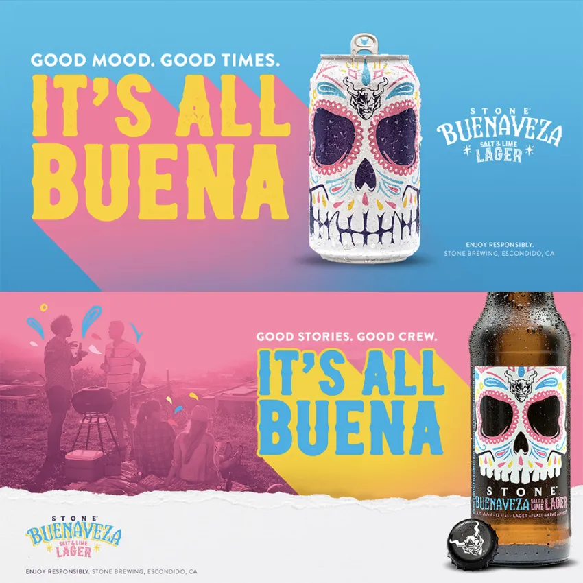 Two Stone Buenaveza ads with "It's All Buena" headlines, featuring the sugar-skull can and bottle on pink and blue backgrounds.
