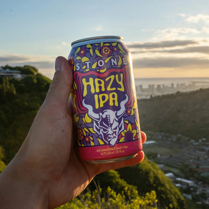 Hand holding a colorful Stone Hazy IPA can with floral gargoyle artwork against a hillside city skyline at sunset.