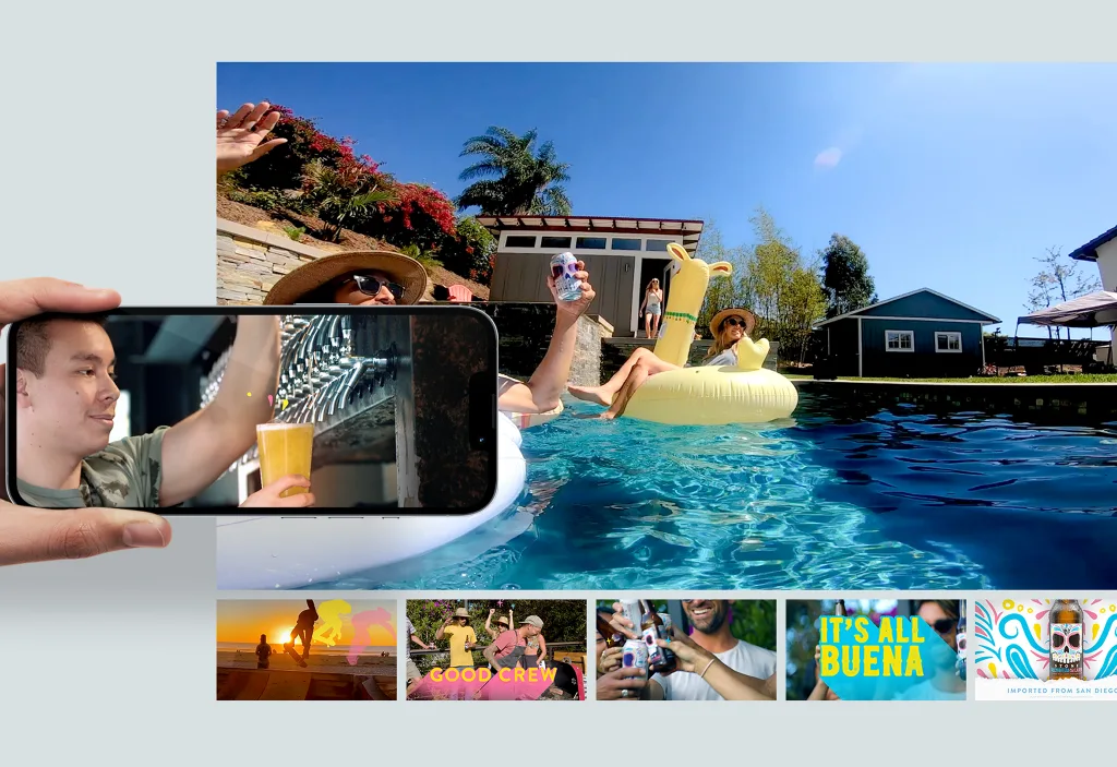 Lifestyle collage of friends in a pool with Stone Buenaveza cans, plus a phone capturing a beer pour and "It's All Buena" frames.