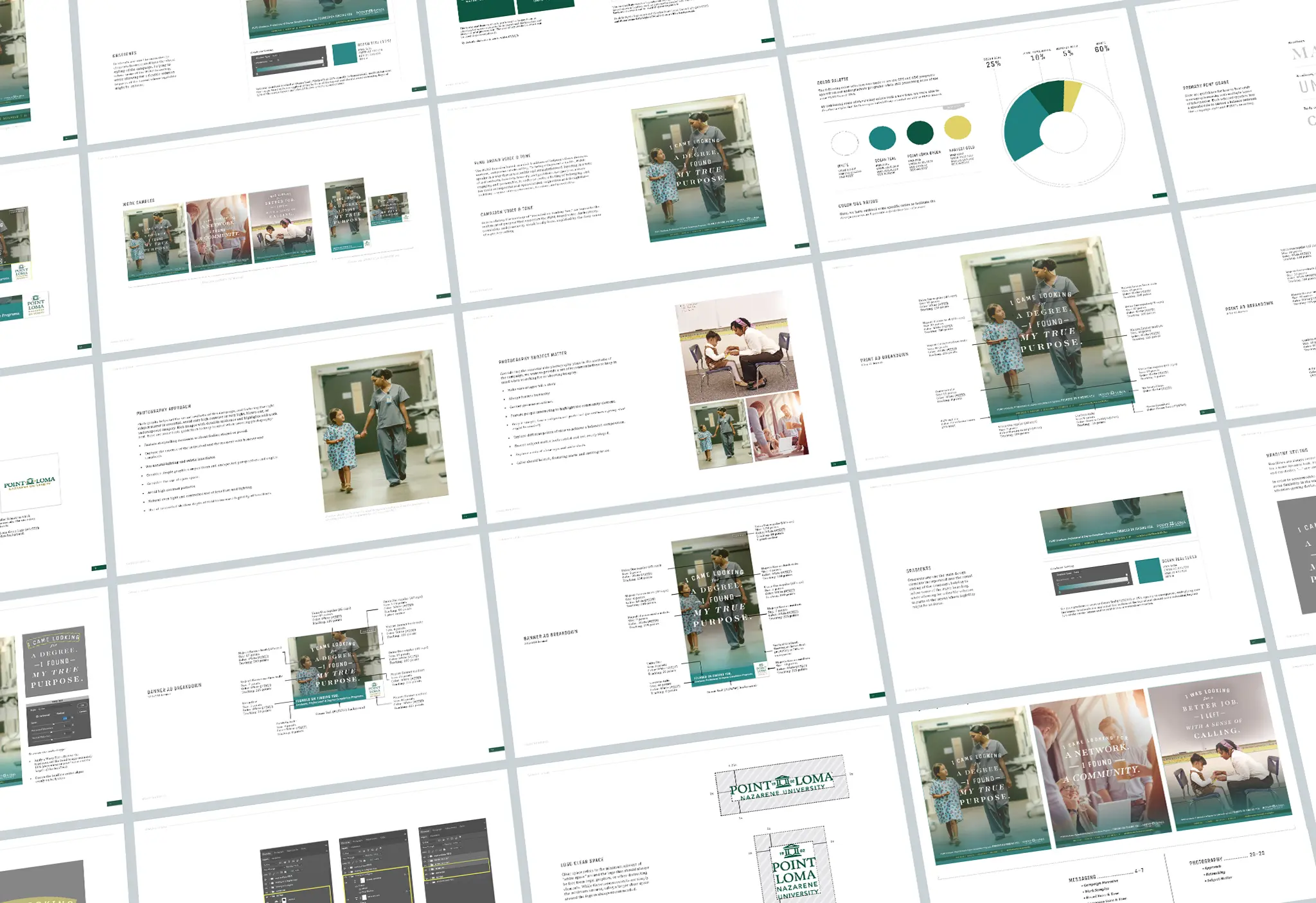 Angled grid of Point Loma Nazarene University brand guideline pages featuring layouts, color palette charts, and "Founded on Finding You" ads.