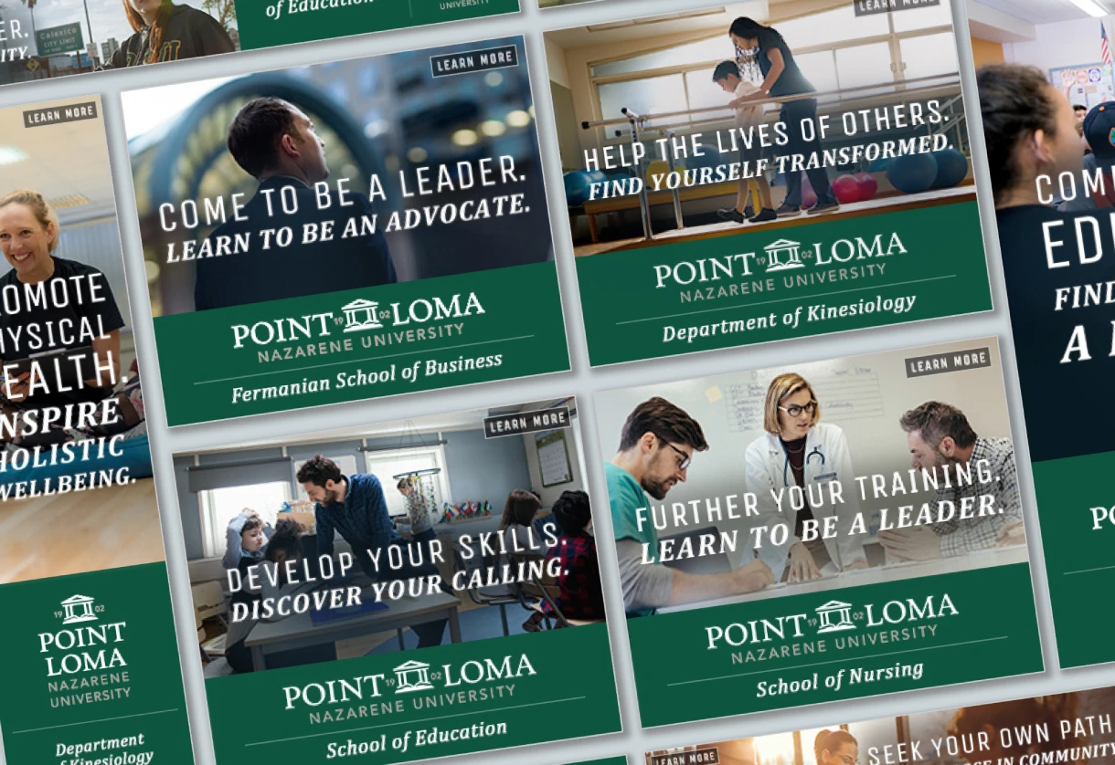 Grid of PLNU department web banners promoting the Schools of Business, Education, Nursing and Kinesiology with leadership and care headlines.