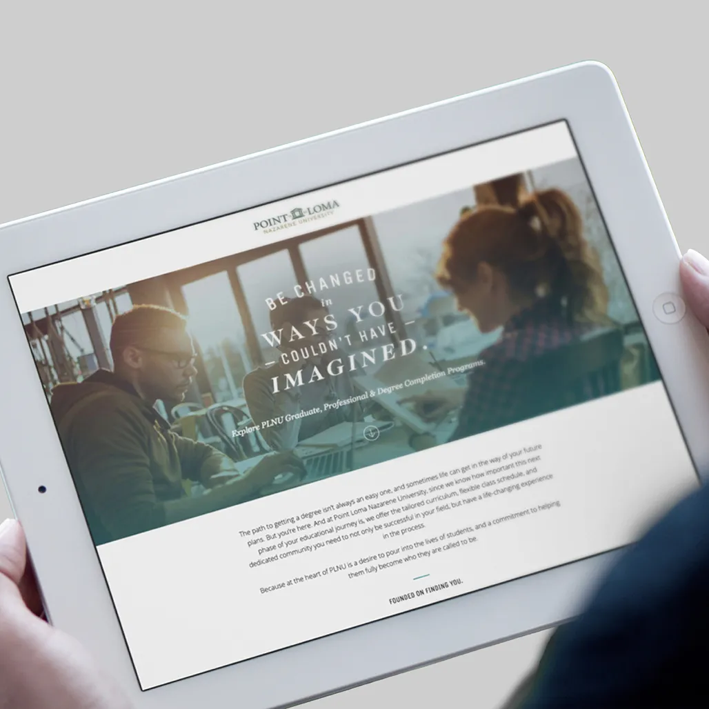 iPad mockup of the PLNU Graduate Programs landing page with headline "Be changed in ways you couldn't have imagined."