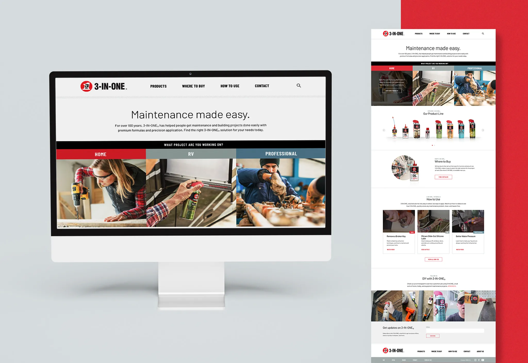 Desktop and mobile mockups of the 3-IN-ONE website homepage showing the "Maintenance made easy" hero, project categories, and product lineup.