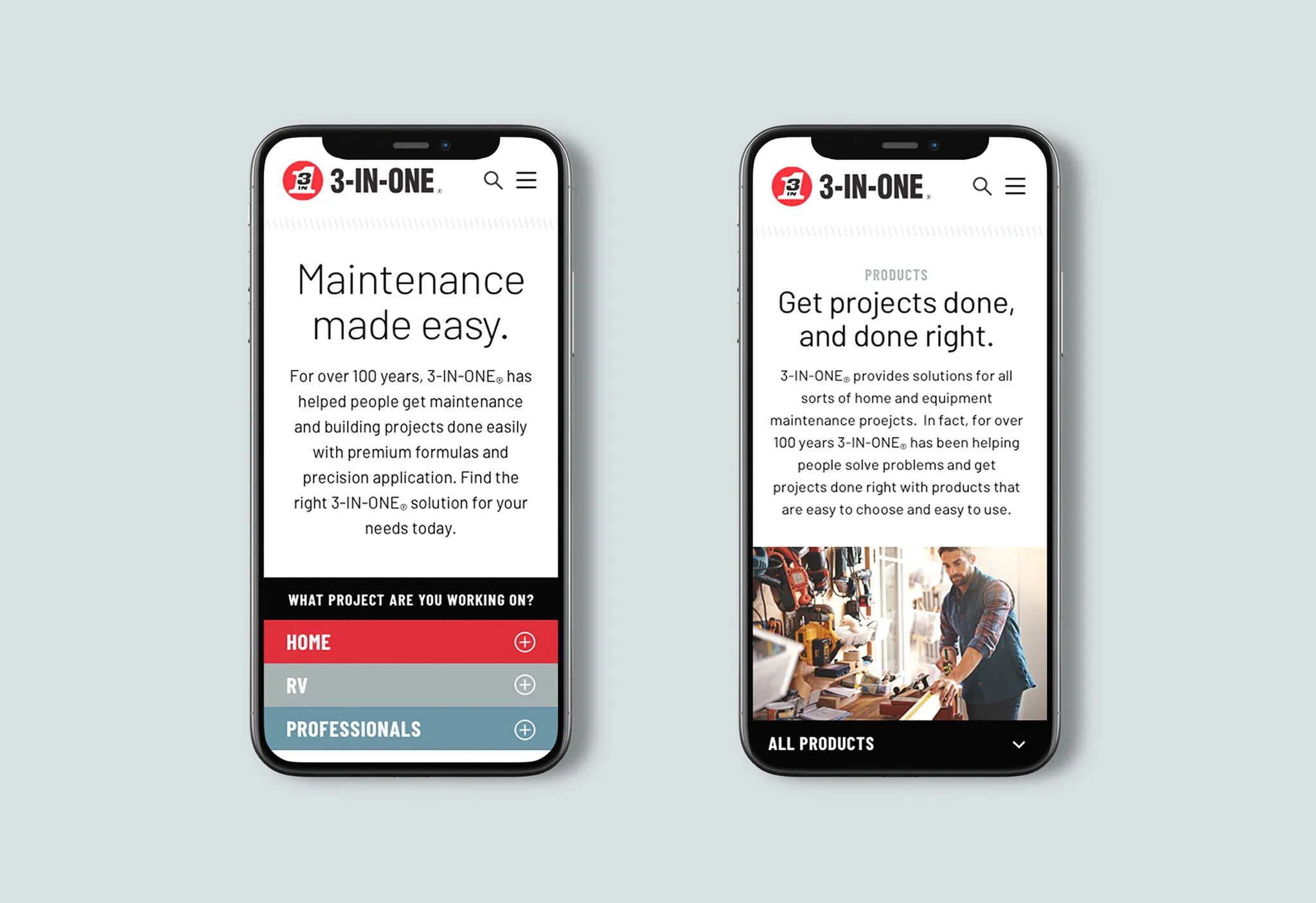 Two iPhone mockups of the 3-IN-ONE site: a "Maintenance made easy" homepage and a "Get projects done, and done right" products page.
