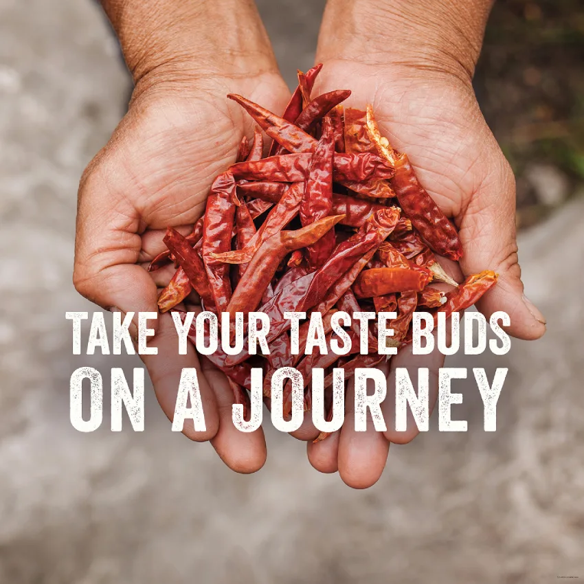 Two hands cupping a pile of dried red chiles with the headline "Take Your Taste Buds on a Journey."