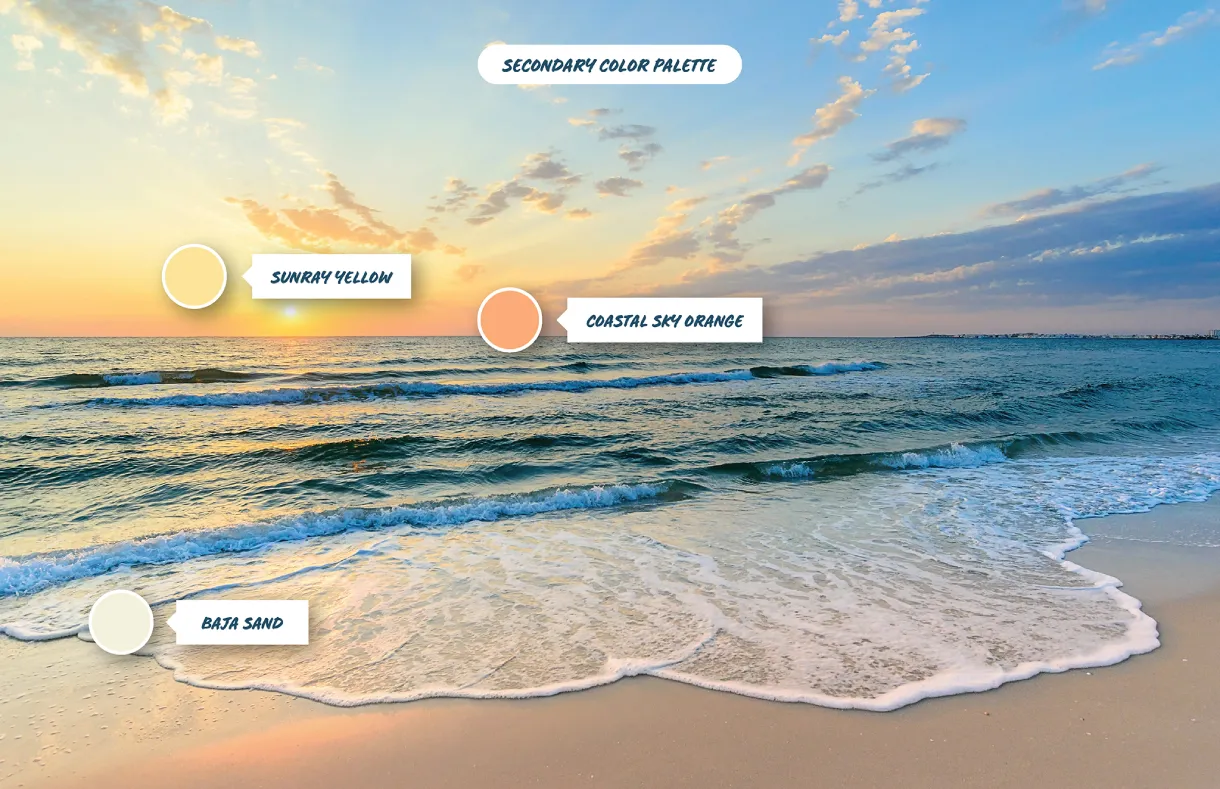 Rubio's secondary color palette—Sunray Yellow, Coastal Sky Orange, and Baja Sand—shown over a sunset beach with breaking waves.