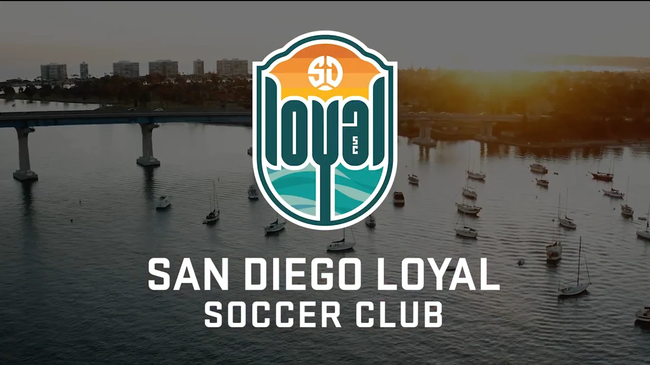 San Diego Loyal Soccer Club video cover with team crest over an aerial sunset view of Coronado Bridge.