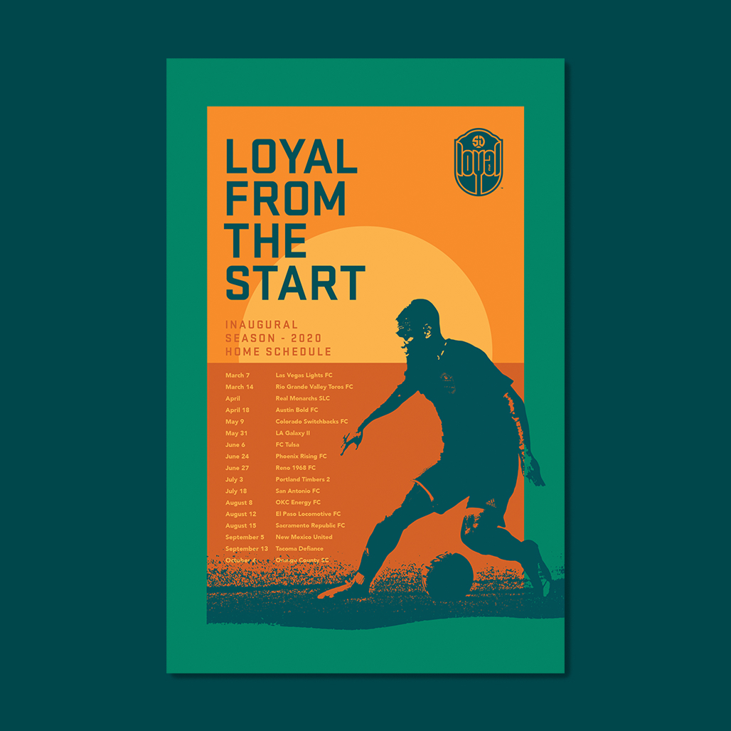 "Loyal From The Start" 2020 inaugural season home schedule poster with silhouetted player and sunset.