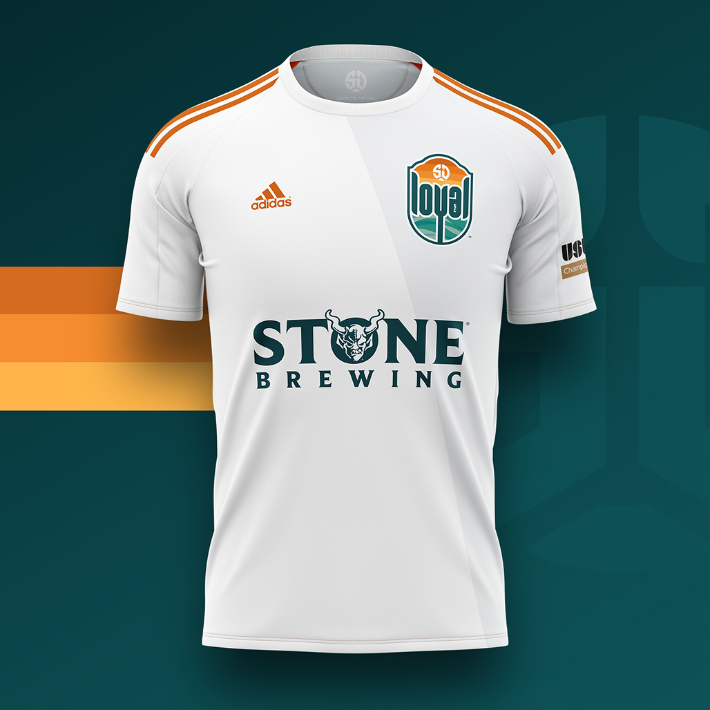 White SD Loyal home jersey mockup with Adidas branding and Stone Brewing chest sponsor.