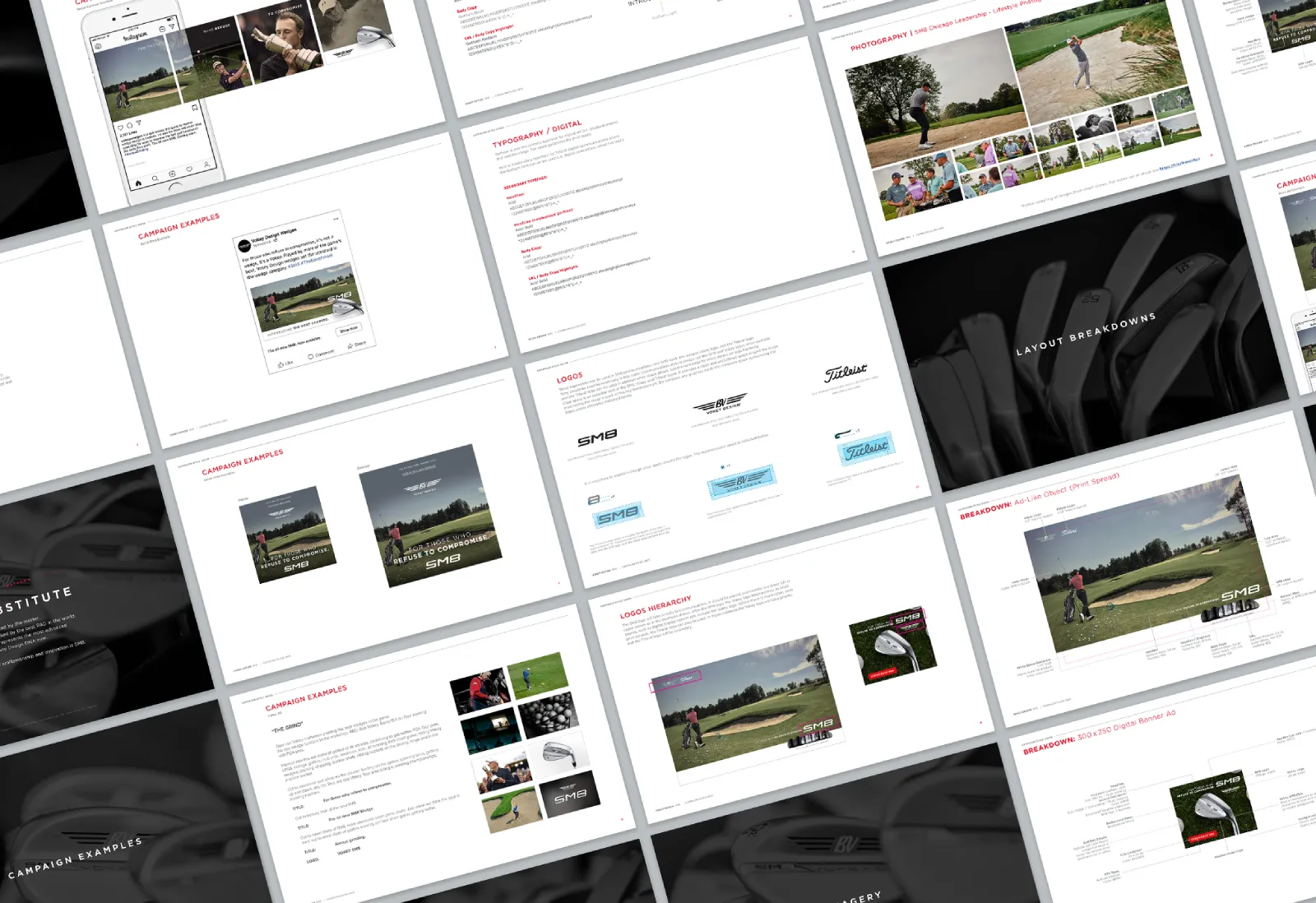 Mockup grid of Vokey SM8 case study layout pages showing wedge imagery, copy blocks, and design system elements on dark backdrop.