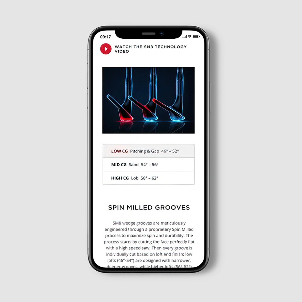 Mobile mockup of SM8 technology page featuring neon-lit wedge graphic, CG loft chart, and Spin Milled Grooves explainer.