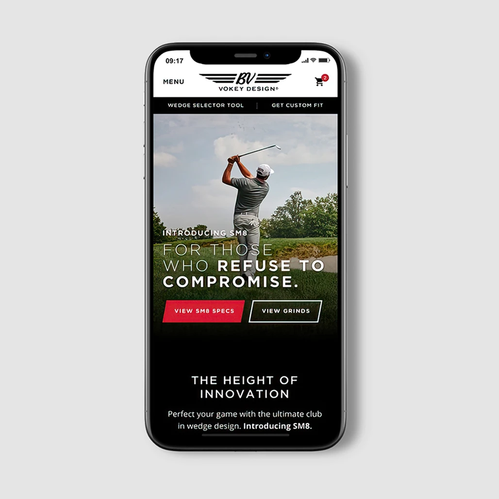 Mobile mockup of Vokey SM8 landing page with golfer mid-swing hero and "For Those Who Refuse to Compromise" tagline.