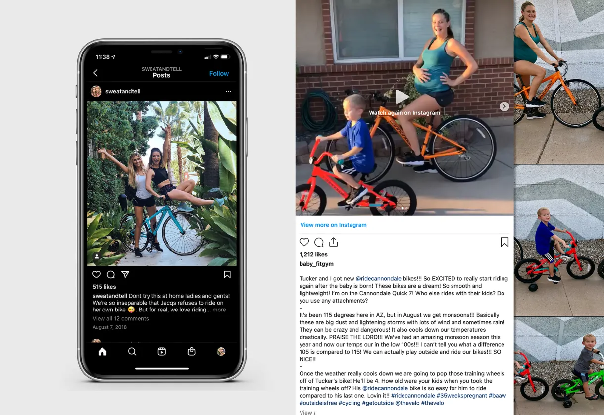 Mockup of @sweatandtell and @baby_fitgym Instagram posts featuring riders posing with and on orange Cannondale Quick bikes.