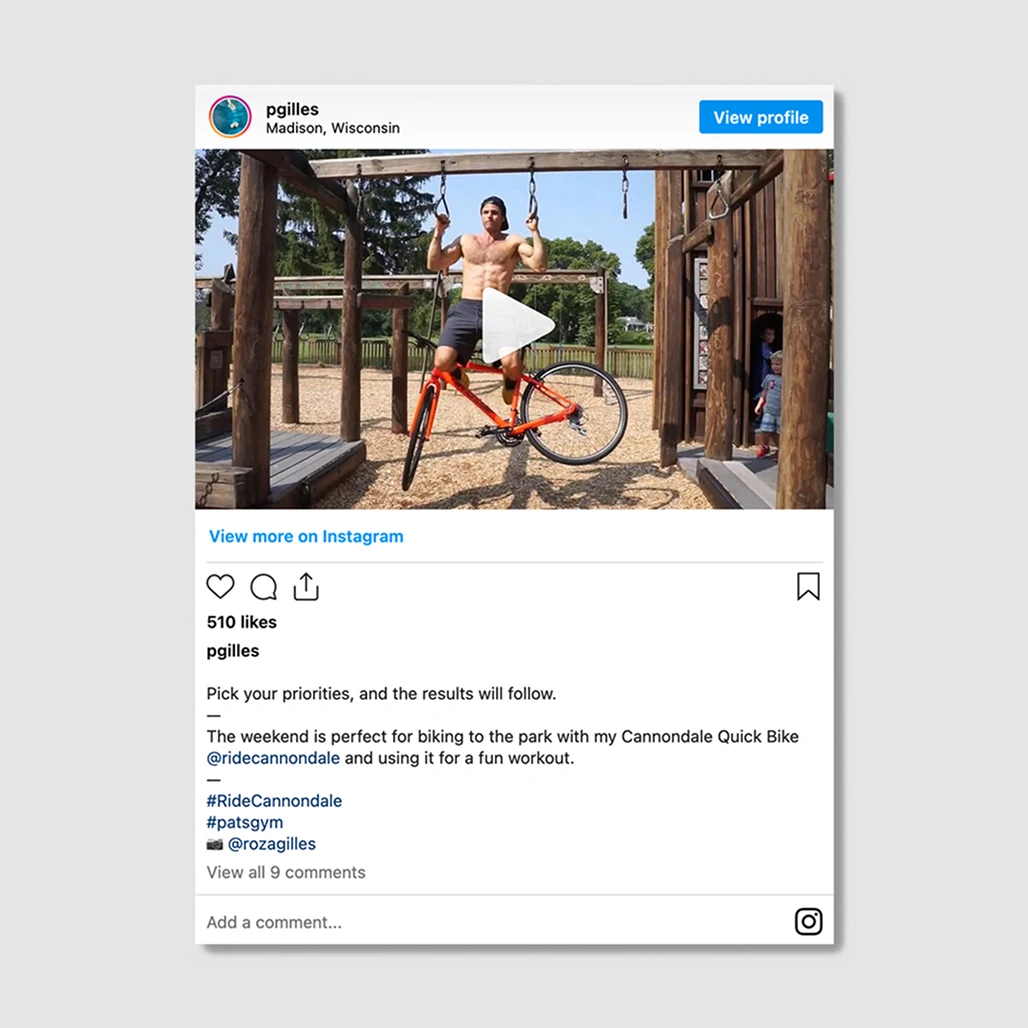 Mockup of @pgilles Instagram post showing a shirtless rider doing rings pull-ups beside his orange Cannondale Quick bike at a Madison park.