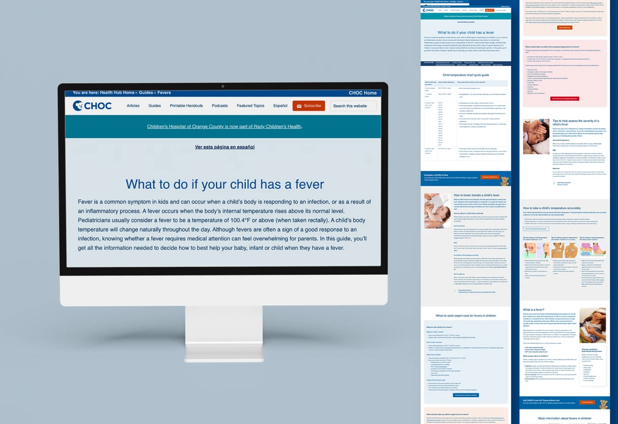 A CHOC webpage outlines what to do if a child has a fever, featuring symptoms, care tips, and guidance on when to seek medical attention.