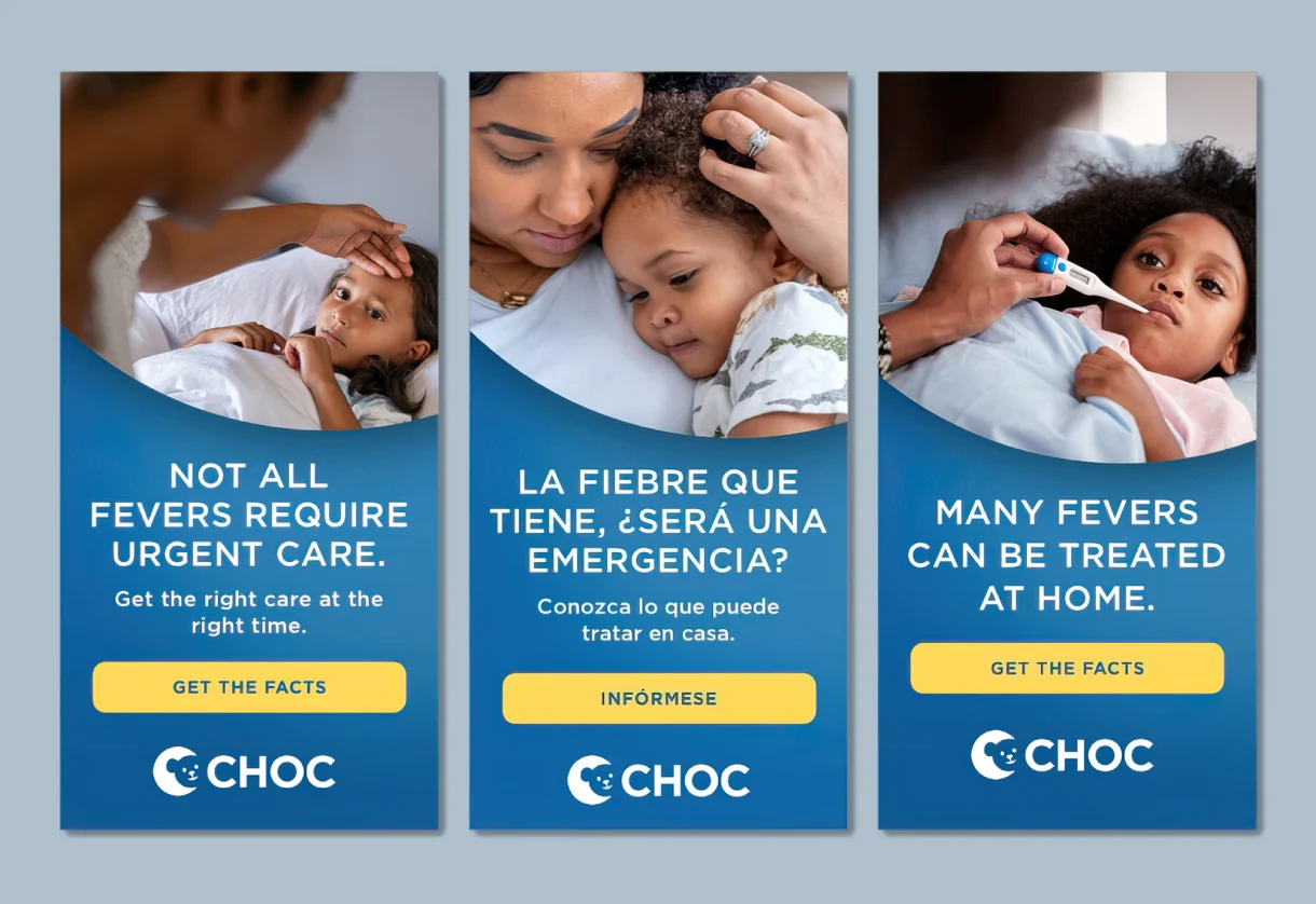 Three panels show adults caring for children with fevers, paired with reassuring guidance on when to seek care and CHOC resources.