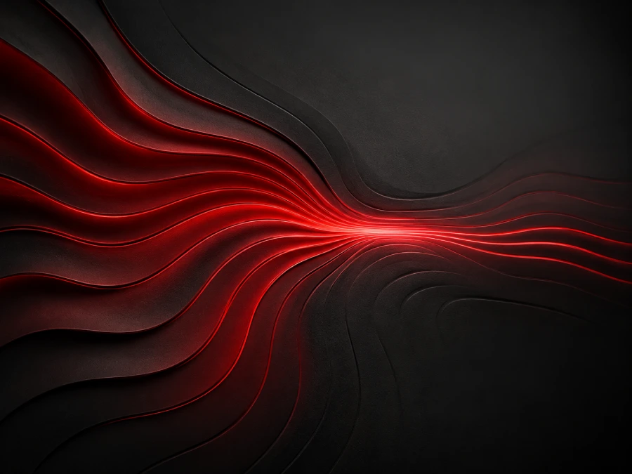 Abstract red wave lines converging across a dark textured background, symbolizing integrated marketing systems and connected signals.