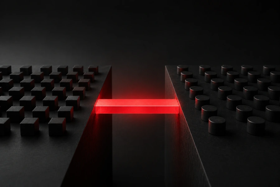 Abstract scene of a glowing red bridge spanning a dark gap between geometric platforms, symbolizing connection and content gap analysis.