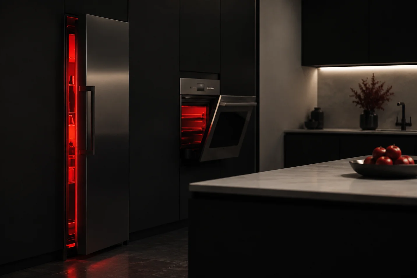 Dark modern kitchen with a slightly open red-lit fridge and oven, matte black cabinetry, and a white island in foreground.
