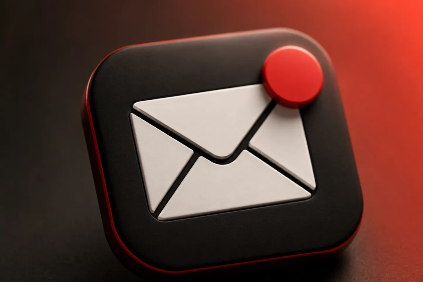 Black email app icon with a white envelope and red notification badge on a dark red gradient background.