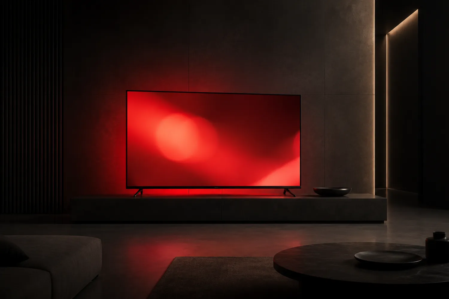 Modern television emitting a soft red glow in a dark minimalist room, symbolizing focused media attention and selective messaging.